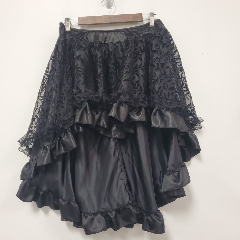 Renaissance Steampunk Victorian Hi Low Mini Skirt Size 2XL Black  Sheer Ruffle